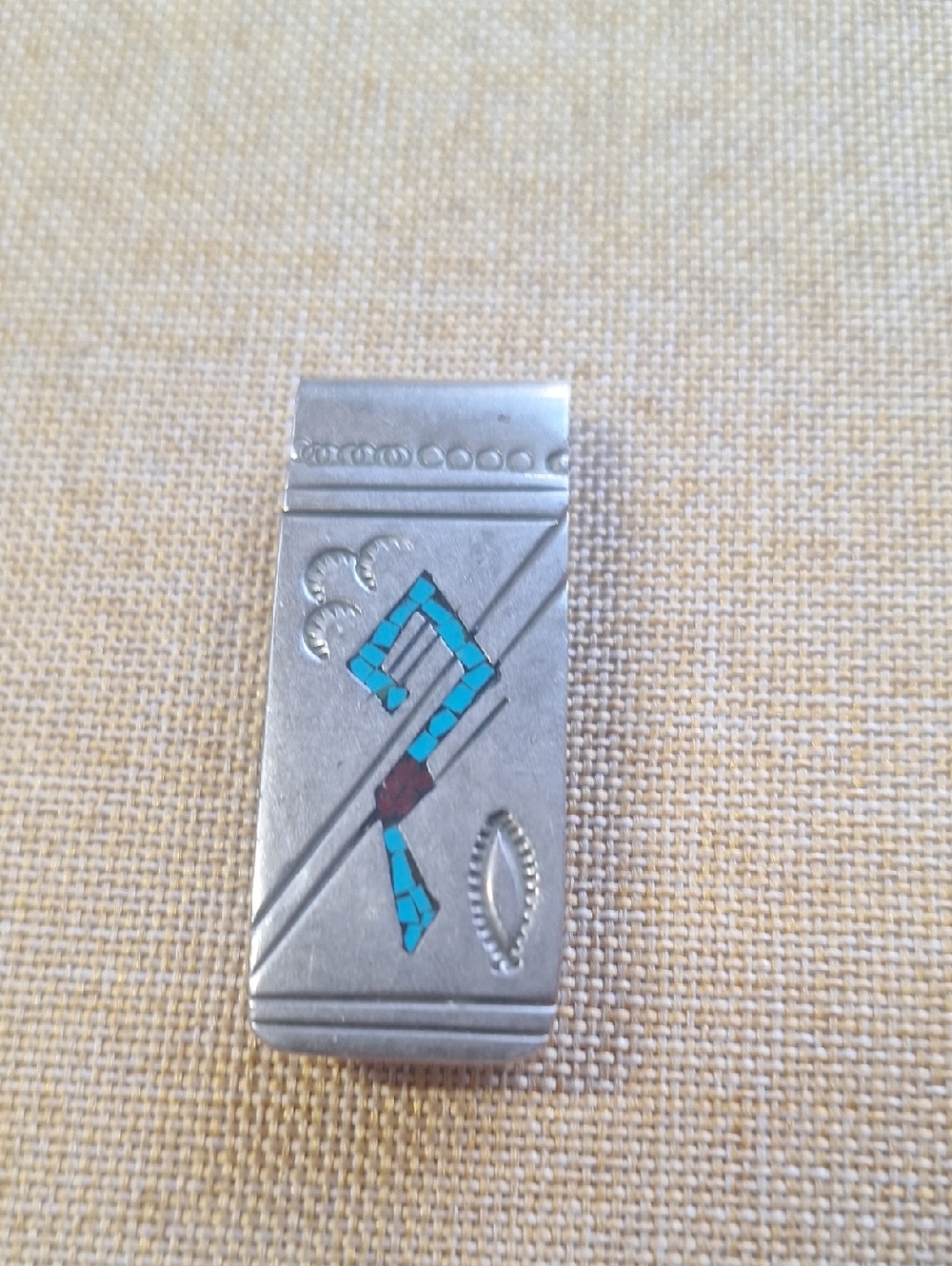 Navajo Made Sterling Overlay On S.Steel W/Turquoise Inlay Money Clip